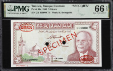 TUNISIA. Banque Centrale de Tunisie. 5 Dinars, 1965. P-64s. Specimen. PMG Gem Uncirculated 66 EPQ.
TDLR printed specimen note, Sadiki College at bott...