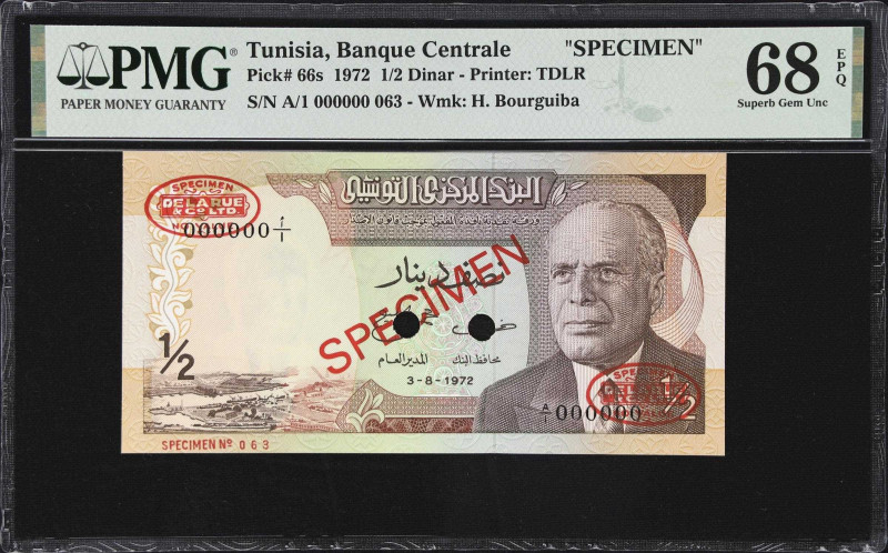 TUNISIA. Banque Centrale de Tunisie. 1/2 Dinar, 1972. P-66s. Specimen. PMG Super...