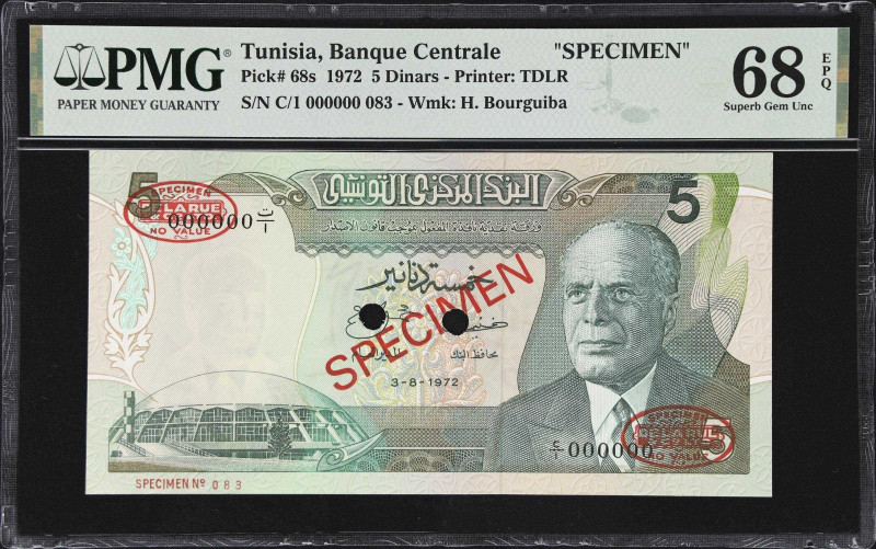 TUNISIA. Banque Centrale de Tunisie. 5 Dinars, 1972. P-68s. Specimen. PMG Superb...