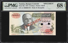 TUNISIA. Banque Centrale de Tunisie. 1/2 Dinar, 1973. P-69s. Specimen. PMG Superb Gem Uncirculated 68 EPQ.
Tied with 4 other examples as the finest g...