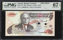 TUNISIA. Banque Centrale de Tunisie. 5 Dinars, 1973. P-71s. Specimen. PMG Superb Gem Uncirculated 67 EPQ.
This example is tied with 8 others as the f...