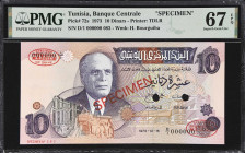 TUNISIA. Banque Centrale de Tunisie. 10 Dinars, 1973. P-72s. Specimen. PMG Superb Gem Uncirculated 67 EPQ.
Specimen example printed by TDLR, red spec...