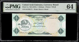 UNITED ARAB EMIRATES. United Arab Emirates Currency Board. 1 Dirham, ND (1973). P-1a. PMG Choice Uncirculated 64.

Estimate: $100.00- $200.00