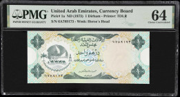 UNITED ARAB EMIRATES. United Arab Emirates Currency Board. 1 Dirham, ND (1973). P-1a. PMG Choice Uncirculated 64.

Estimate: $100.00- $200.00