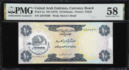 UNITED ARAB EMIRATES. United Arab Emirates Currency Board. 10 Dirhams, ND (1973). P-3a. PMG Choice About Uncirculated 58.
Printed by TDLR. Vibrant co...