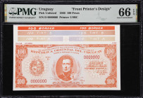 URUGUAY. Lot of (2). Departamento de Emision del Banco de la Republica Oriental. 100 Pesos, 1966. P-Unlisted. Front & Back Printer's Designs. PMG Gem ...