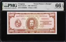 URUGUAY. Lot of (2). Departamento de Emision del Banco de la Republica Oriental. 500 Pesos, 1966. P-Unlisted. Front & Back Printer's Designs. PMG Gem ...