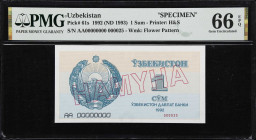 UZBEKISTAN. Lot of (3). O'zbekiston Davlat Banki. 1, 3 & 100 Sum, 1992 (ND 1993). P-61s, 62s & 67s. Specimens. PMG Choice Uncirculated 63 EPQ to Super...