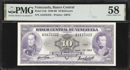 VENEZUELA. Banco Central de Venezuela. 10 Bolivares, 1959. P-31d. PMG Choice About Uncirculated 58.
Dated June 18th, 1959.

Estimate: $100.00- $200...