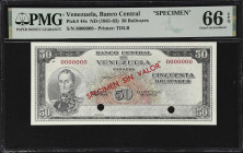 VENEZUELA. Banco Central de Venezuela. 50 Bolivares, ND (1961-63). P-44s. Specimen. PMG Gem Uncirculated 66 EPQ.

Estimate: $50.00- $100.00