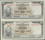 VENEZUELA. Lot of (2). Banco Central de Venezuela. 50 Bolivares, 1972. P-47g. Consecutive. PMG Extremely Fine to About Uncirculated.
Serial numbers U...
