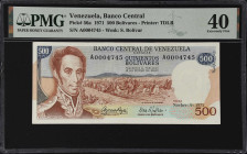 VENEZUELA. Banco Central de Venezuela. 500 Bolivares, 1971. P-56a. PMG Extremely Fine 40.
Serial number A0004745.

Estimate: $80.00- $160.00