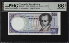 VENEZUELA. Banco Central de Venezuela. 500 Bolivares, 1989. P-67c. PMG Gem Uncirculated 66 EPQ.
Low serial number E00000087.

Estimate: $25.00- $40...