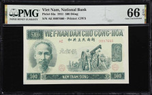VIETNAM. National Bank of Vietnam. 500 Dong, 1951. P-64a. PMG Gem Uncirculated 66 EPQ.
Printed by CPFS. Green with Ho Chi Minh at the left and soldie...