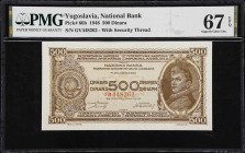 YUGOSLAVIA. Narodna Banka Federativne Narodne Republike Jugoslavije. 500 Dinara, 1946. P-66b. PMG Superb Gem Uncirculated 67 EPQ.

Estimate: $75.00-...