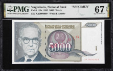 YUGOSLAVIA. Narodna Banka Jugoslavije. 5000 Dinara, 1992. P-115s. Specimen. PMG Superb Gem Uncirculated 67 EPQ.

Estimate: $75.00- $125.00