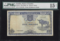 ZAMBIA. Bank of Zambia. 5 Pounds, ND (1964). P-3. PMG Choice Fine 15 Net. Staining.
PMG Comments "Staining."

Estimate: $75.00- $150.00