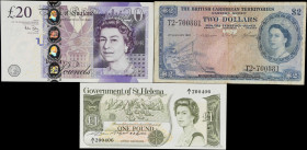 MIXED LOTS. Lot of (3). British Caribbean Territories, Great Britain & Saint Helena. Mixed Banks. 2 Dollars, 1 & 20 Pounds, 1962-2006. P-8c, 9a, & 392...