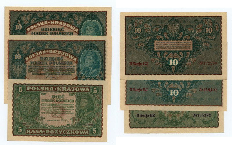 5, 10 marek polskich 1919 - zestaw 3 banknotów Reference: Miłczak 24c, 25c, 25b1...