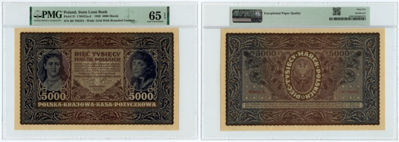 5.000 marek polskich 1920 - III Serja H - PMG 65 EPQ Reference: Miłczak 31c
Gra...