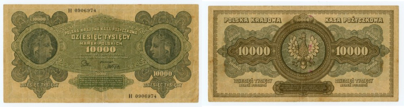 10.000 marek polskich 1922 - seria H 0906974 Naturalnie obiegowy egzemplarz, na ...