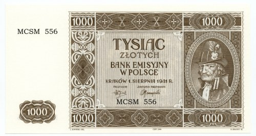 Rekonstrukcja 1000 złotych 1941 (2004) Krakowiak - MCSM 588 Rekonstrukcja bankno...