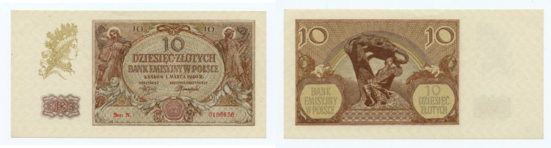 10 złotych 1940 - Ser. N. 0186636 Emisyjny stan zachowania, nagniotka przy górny...