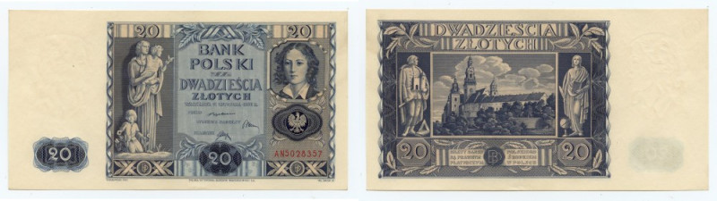 20 złotych 1936 - seria AN 5028357 Emisyjny stan zachowania. Reference: Miłczak ...