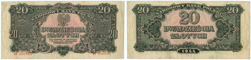 20 złotych 1944 - obowiązkowe - seria aO Rzadka seria. Reference: Miłczak 116d
...