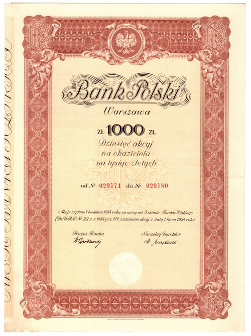 Bank Polski S.A. - 1.000 złotych 1934 Bardzo rzadka pozycja. Reference: Koziorow...