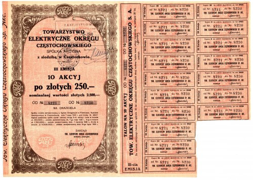 Towarzystwo Elektryczne Okręgu Częstochowskiego S.A. - 10 x 250 złotych 1935 Ref...