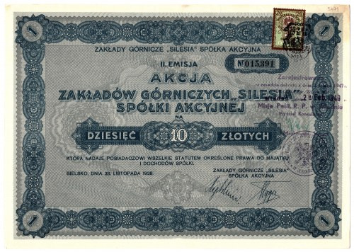 Zakłady Górnicze 'SILESIA' S.A. - 10 złotych 1928 - II. Emisja Reference: Kozior...