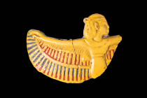EGYPTIAN YELLOW FAIENCE PECTORAL

 New Kingdom, 18th to 20th Dynasty, Ca. 1550 - 1069 BC A winged goddess-shaped pectoral made of yellow faience. Th...