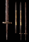 MIGRATION PERIOD DOUBLE EDGE SWORD WITH GOLD AND GARNETS

 Ca. AD 600 A rare and elegant double-edged iron cavalry sword with a broad pointed tip, p...