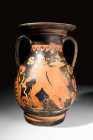 GREEK APULIAN RED FIGURE OLPE DEPICTING A YOUTH

Ca. 330 - 300 BC A red-figure pottery olpe with a bulbous body, and a short, splayed foot. The neck...