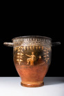 HUGE GNATHIAN SKYPHOS DEPICTING A SEATED APOLLO

Ca. 350 - 280 BC A Gnathia black-glazed pottery skyphos with a cup-shaped form, and two horizontal ...