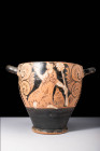 HUGE FALISCAN RED-FIGURE SKYPHOS WITH A STANDING WOMAN

Ca. 350 - 300 BC A Faliscan black-glazed pottery skyphos with a cup-shaped form and two hori...