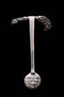 HELLENISTIC SILVER HANDLE WITH A GORGON HEAD

 Ca. 300 - 100 BC A stunning silver handle that was most likely part of a valuable Greek jug or vase. ...
