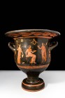 APULIAN BELL KRATER DEPICTING APOLLO

Ca. 400 - 300 BC A red-figure bell krater, a vessel for mixing wine and water during the symposium, crafted fr...