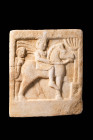 ROMAN MARBLE STELE DEPICTING A RIDER

 Ca. AD 200 - 300 A Roman white marble tile with a carved relief of an equestrian scene depicting a man on hor...