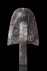 CELTIC SPATULA WITH A TWISTED DESIGN

 Ca. 700 - 550 BC A forged-iron spatula with semi circular form with pointed tip, slender shoulder, and flat d...
