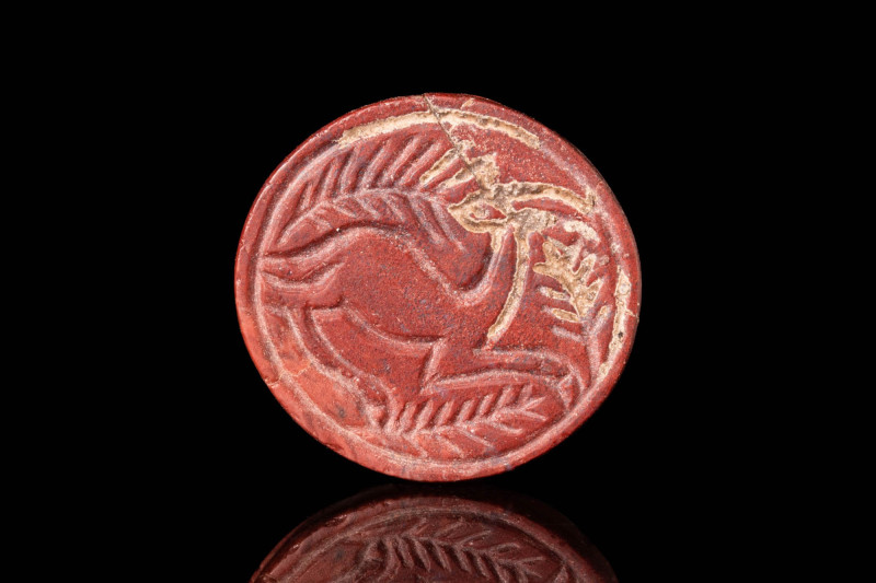 BACTRIAN STONE STAMP SEAL DEPICTING A STAG

 Ca. 2000 - 1700 BC A Bactrian red...