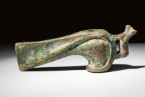 SUPERB BACTRIAN BRONZE AXE WITH AN ANIMAL

 Ca. 2500 - 2000 BC A Bactrian bronze votive axe that would have been placed atop a standard for ceremoni...