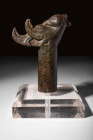 WESTERN ASIATIC LARGE ZOOMORPHIC BRONZE TERMINAL OF SCEPTRE IN DUCK SHAPE

 Ca. 2200 - 1600 BC A Western Asiatic cast large bronze terminal of a sce...