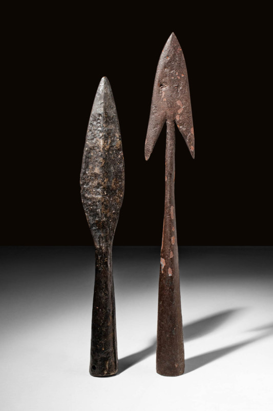 TWO VIKING AGE IRON SPEARHEADS

 Ca. AD 800 - 1200 A set of two viking spears,...