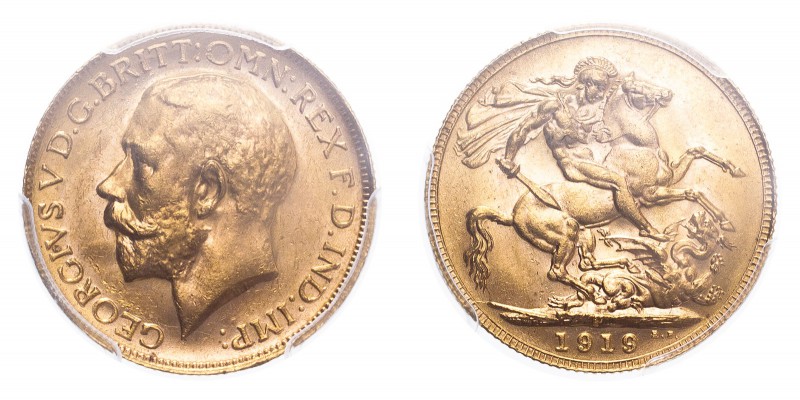 AUSTRALIA. George V, 1910-36. Sovereign, 1919 P, Perth, 7.99 g. S-4001; Marsh-25...