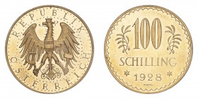 AUSTRIA. Republic. 100 Schilling, 1928, 23.52 g. KM-2842; Fr-520. 
Uncirculated.