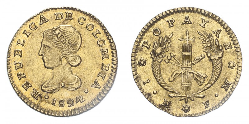 COLUMBIA. Republic. Escudo, 1824, Popayan. 3.38 g. KM-81.2. 
Extremely fine.