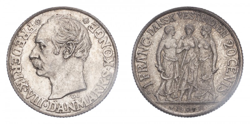 DANISH WEST INDIES. Frederick VIII, 1906-12. 1 Franc / 20 Cents, 1907, Copenhage...