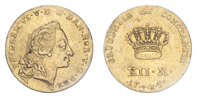 DENMARK. Frederik V, 1746-66. Gold 12 Mark / Kurantdukat, 1758 VH-W, Copenhagen,...